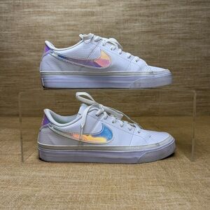 Nike Court Legacy White Sneaker With Hologram Swoosh Logo Women’s Size 7.5